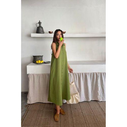 KETEN ÖNDEN DÜĞMELİ KOLSUZ GÖMLEK YAKA ELBİSE - Yağ Yeşili