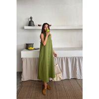 KETEN ÖNDEN DÜĞMELİ KOLSUZ GÖMLEK YAKA ELBİSE - Yağ Yeşili