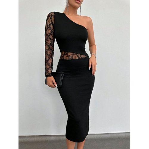 Kadın Siyah Tek Kol Dantel Detay Omuz Dekolte Krep Elbise