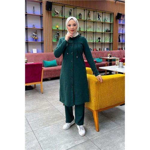 Kapşonlu Düğmeli Sade Basic Uzun Tunik ve Pantolon İkili Spor Takım - 03072.021 - Nefti
