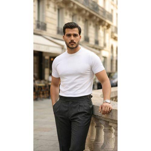 Erkek Basic Bisiklet Yaka Kısa Kollu Triko Tişört - %100 Pamuk Akrilik