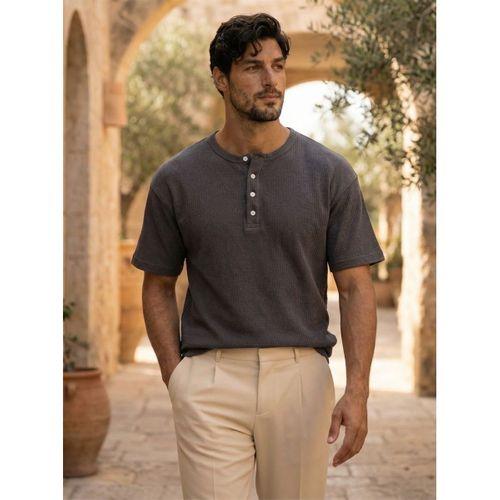 Roth Relaxed Fit Günlük Henley Yaka Waffle Kumaş Yazlık Kısa Kollu T-Shirt - Füme