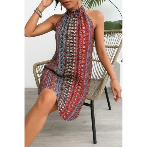 Kadın Kolsuz Boyundan Askılı Desenli Midi Süprem Elbise