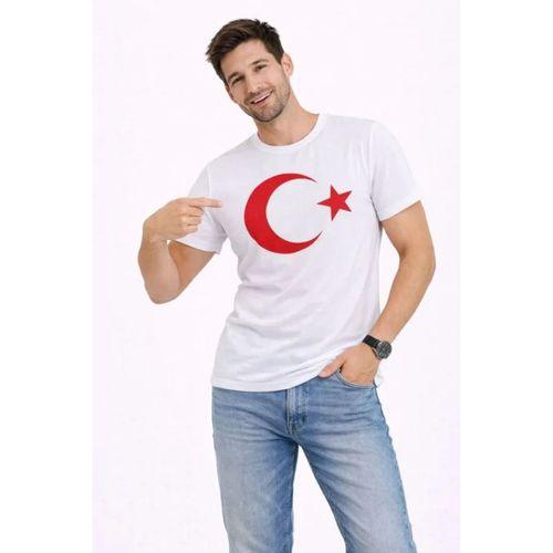 Erkek T-Shirt Kısa Kol Bisiklet Yaka Ay Yıldız Bayrak Baskılı Tişört - Beyaz