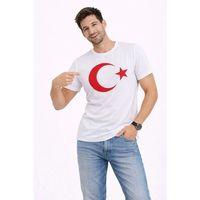 Erkek T-Shirt Kısa Kol Bisiklet Yaka Ay Yıldız Bayrak Baskılı Tişört - Beyaz