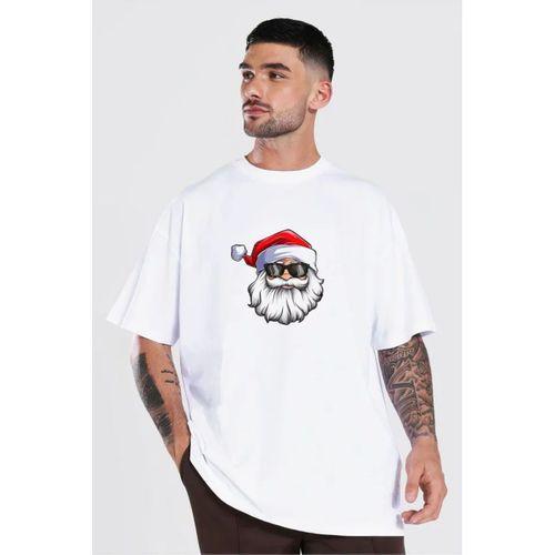 Yılbaşı Gözlüklü Noel Baba Baskılı Kısa Kollu Oversize Bisiklet Yaka T-shirt - Beyaz