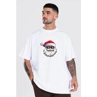 Yılbaşı Gözlüklü Noel Baba Baskılı Kısa Kollu Oversize Bisiklet Yaka T-shirt - Beyaz