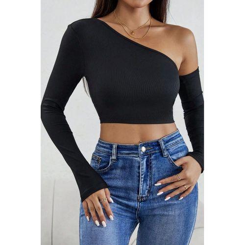 Kadın Siyah Modern Fit Tek Omuz Detaylı Uzun Kol Crop Top Bluz