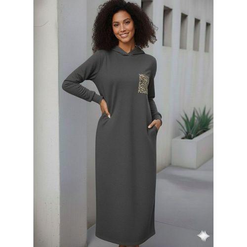 Kadın Uzun Kollu Kapşonlu Cep Detaylı Viskon Iki Iplik Maxi Elbise