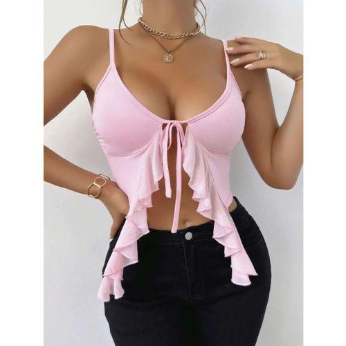 Kadın Pembe Crop Bluz Askılı Önden Bağlamalı Fırfır Detaylı Şık Kadın Üst Giyim Özel Tasarım