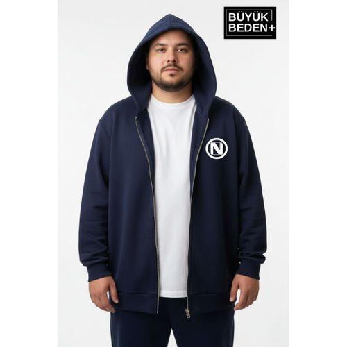 Erkek Büyük Beden Kapüşonlu Fermuarlı N Baskılı Sweatshirt Hırka SPR26BHR922