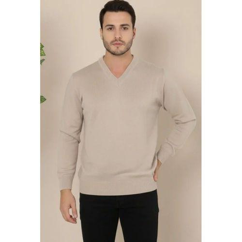 Erkek V Yaka Triko Kazak Yumuşak Dokulu Pamuklu Ince Dokuma, Uzun Kollu Rahat Regular Kalıp - Bej
