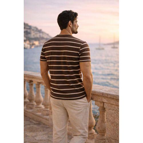 Kristof Pike Kumaş Regular Fit Düğmeli Yaka Kendinden Çizgili T-Shirt - Kahve