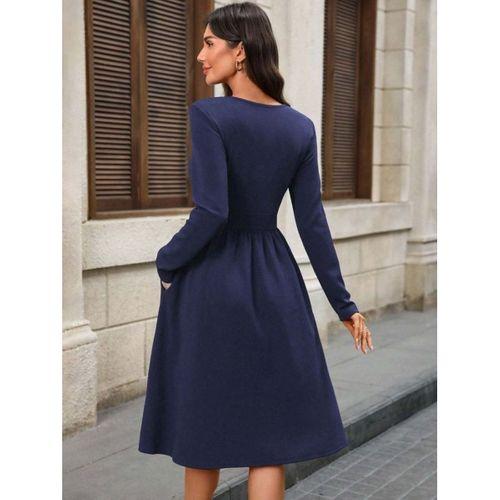 Kadın Uzun Kollu V Yakalı Cepli Midi Ithal Krep Elbise