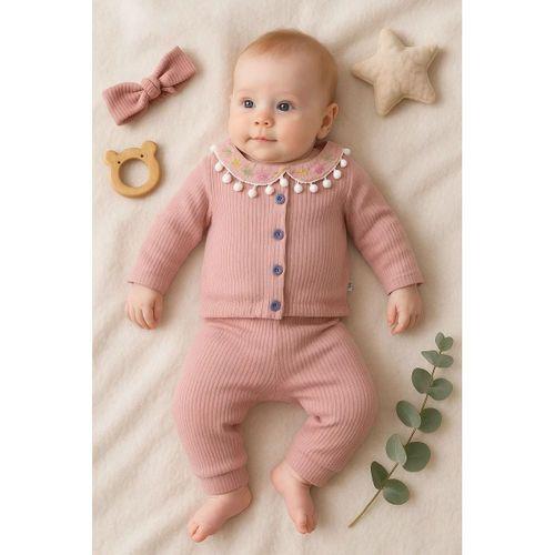 Çiçek Nakışlı Düşmeli Bandanalı Kız Bebek Takımı