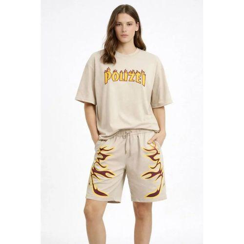 Bej Oversize Baskılı Tişört Şort Takım Cepli Şort Yazlık Rahat Günlük Kombin - Bej