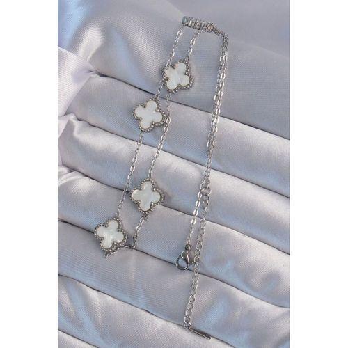 316L Çelik Gümüş Renk Beyaz Sedefli Yonca Kolye