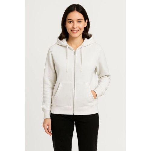 Üç İplik Kapüşonlu Tam Fermuarlı Kanguru Çepli SweatShirt Hoodie - Beyaz