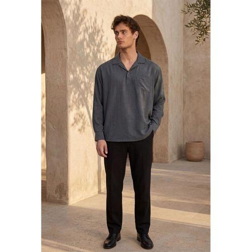 Sartre Apaş Yaka Tek Cepli İnce Modal Kumaş Oversize Uzun Kollu Yazlık Gömlek - Füme