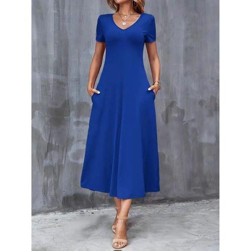 Kadın Kısa Kollu V Yakalı Cepli Viskon Elbise