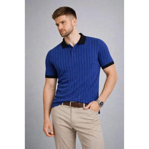 Erkek Polo Yaka Çizgili Tişört Kısa Kol Düğmeli Yazlık T-Shirt - Saks Mavisi