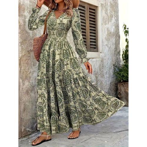 Kadın Uzun Kollu V Yakalı Desenli Süprem Elbise