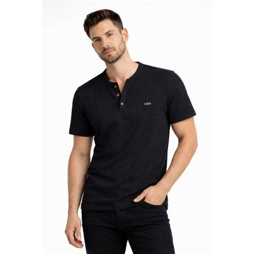 Erkek Waffle Dokulu Likralı Henley Yaka Düğmeli Regular Fit Kısa Kollu T-Shirt - Siyah