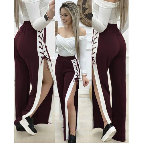 Kadın Yüksek Bel Yandan çapraz Bağcıklı Yırtmaçlı Viskon Iki Iplik Pantolon