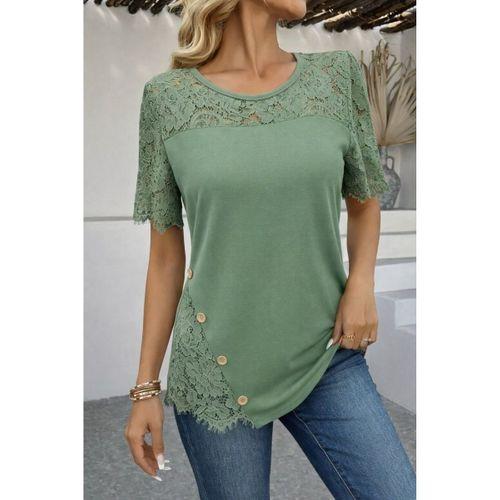 Kadın Kısa Kollu Dantel Detaylı Yandan Düğmeli Waffle Bluz