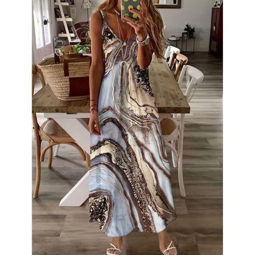 Kadın Askılı V Yakalı Desenlı Uzun Süprem Elbise