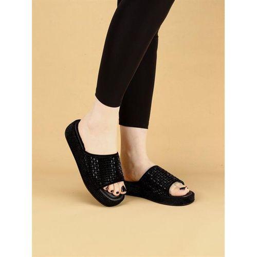 LAYKLY Taş Detaylı Parlak Yazlık Model  Platform Kadın Siyahterlik