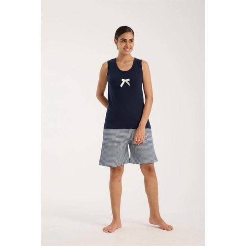 Kadın Lacivert Kurdele Detaylı Çizgili Şortlu Pijama Takımı