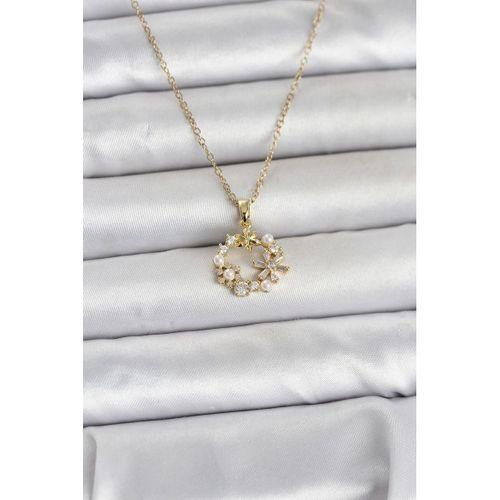 316L Çelik Zincir Gold Renk İncili Çiçek Model Kadın Koyle