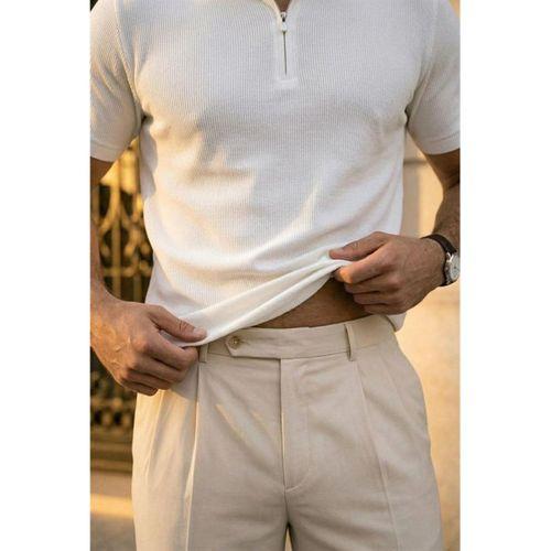 Jeff Selanik Örgü Polo Yaka Yarım Fermuarlı İnce Triko Erkek T-Shirt - Ekru