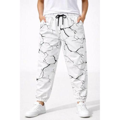 Dijital Baskılı Eşofman Altı Kışlık Üç İplik Şardonlu Kumaş Lastikli Paça, Cepli, Rahat Kalıp - Beyaz