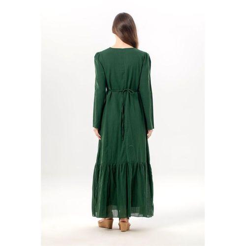 Uzun Kol Zühre Nakış Detaylı Bağcık Yaka Cepli Vual Uzun Elbise Yeşil Ysl