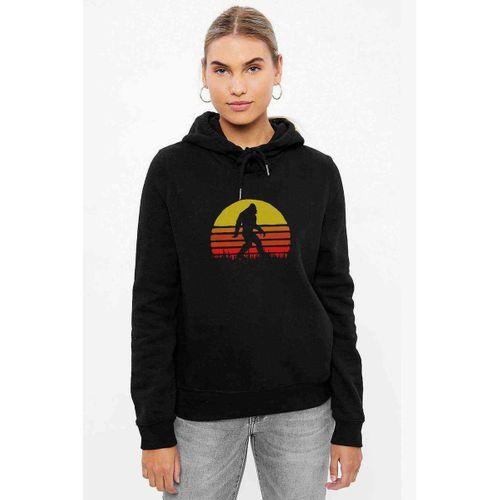 Silhouette Retro Sasquatch Goril Baskılı Siyah Kadın Kapşonlu Sweashirt