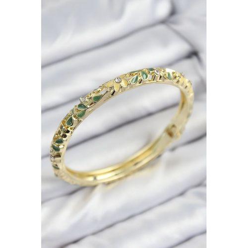 Mineli Pirinç Zirkon Taşlı Yeşil Sarı Çiçek Motifli Gold Kadın Kelepçe
