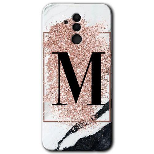 MRCİLETİSİM Huawei Mate 20 Lite Kılıf Baskılı Kapak - Pembe Mermer Desenli M Harfi + 5D Tam Kaplayan Cam