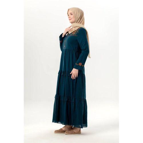 Uzun Kol Zeynep Bisiklet Yaka Nakışlı Uzun Vual Elbise Petrol Ptrl
