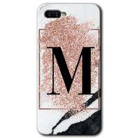 MRCİLETİSİM Oppo Rx 17 Neo Kılıf HD Desen Baskılı Arka Kapak + Temperli Cam - Pembe Mermer Desenli M Harfi