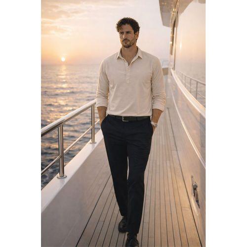 Yarım Pat Yakalı York Pamuk Kumaşlı Uzun Kollu Erkek Gömlek - Bej