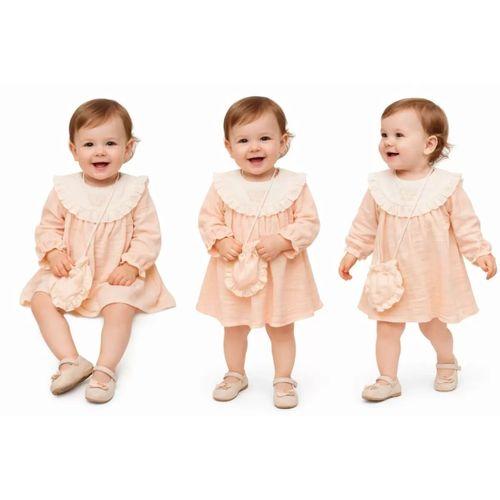 6-24 Ay Müslin Keten Pamuk Çantalı Bebek Elbisesi