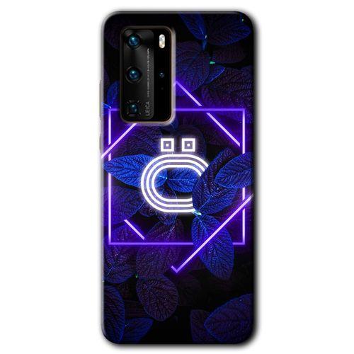 MRCİLETİSİM Huawei P40 Pro Kılıf HD Desen Baskılı Arka Kapak + Temperli Cam - Dark Neon Yaprak Ö Harfi