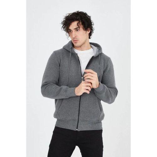 Erkek Kapüşonlu Düz Fermuarlı Hırka - Füme