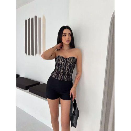 Fermuarlı Dantel Korse Straplez Bustiyer Transparan Şık Top - Bej