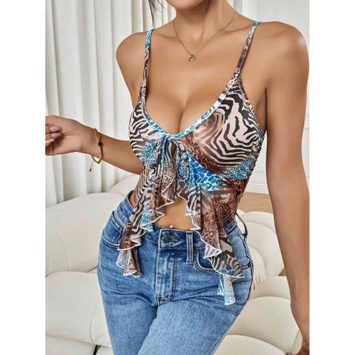 Kadın Siyah Leopar Desenli Crop Askılı Önden Bağlama Fırfır Detaylı 5091