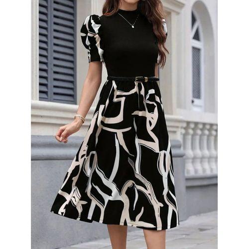 Kadın Kısa Kollu Yarı Balıkçı Yaka üst Viskon Alt Desenli Dokuma Midi Elbise