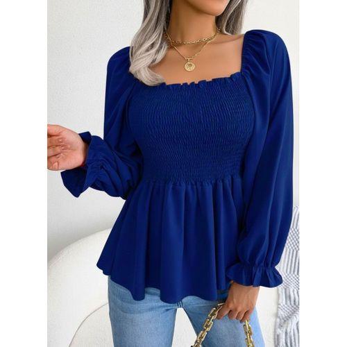 Kadın Uzun Kollu Geometrik Yakalı Gipe Detaylı Krep Bluz