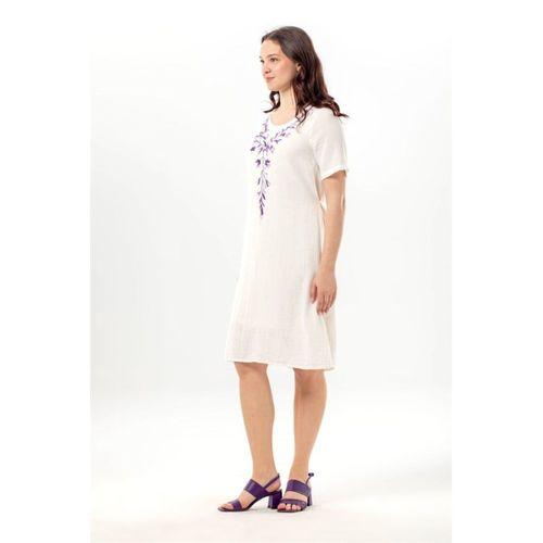 Kısa Kol Lidya Bisiklet Yaka Nakışlı Yazlık Kısa Müslin Elbise Kırık Beyaz KrkByz